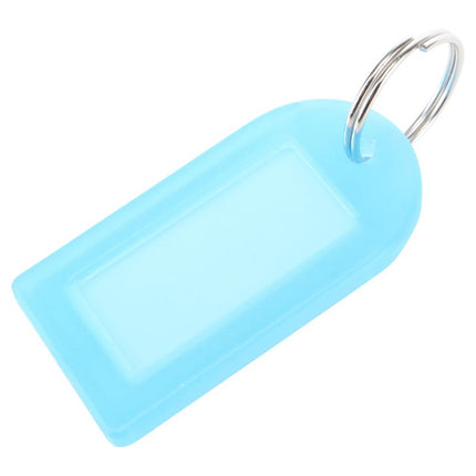 Light blue plastic key tag with clear window and metal key ring