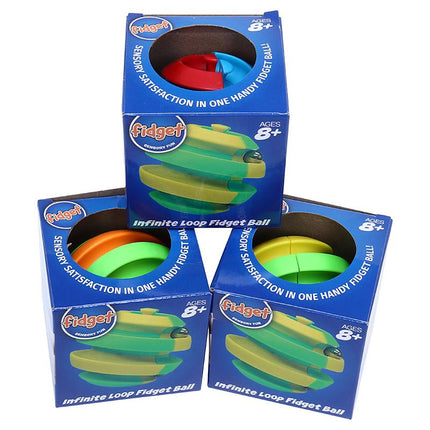 Fidget infinite loop fidget ball spinner set in boxes showing green and red/blue loop balls