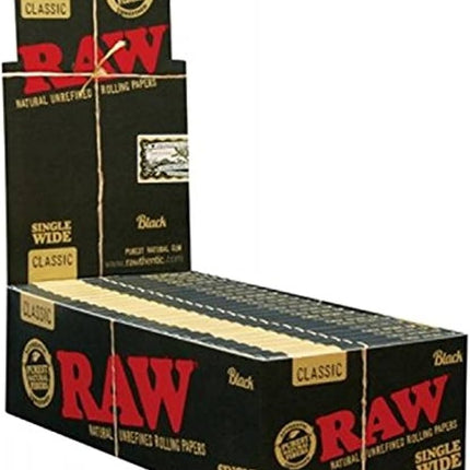 RAW single wide rolling papers box, black with gold and red logos, classic label