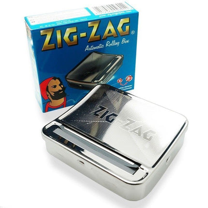 Zig-Zag 78mm rolling box with open lid and black rolling tray, blue outer packaging