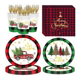 96-piece Christmas paper tableware set, red plaid with truck and tree designs
