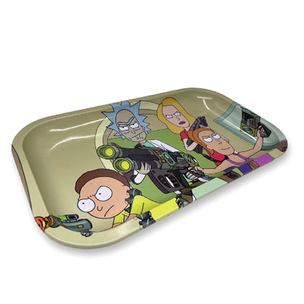 Large metal rolling tray with beige base and cartoon character artwork across top