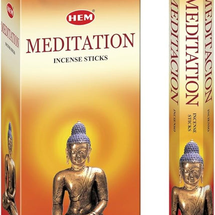 HEM Meditation incense sticks box with seated Buddha graphic and orange label