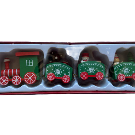 Wooden Christmas train set in box, green cars with snowflake details and Santa hat figures