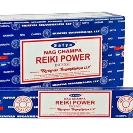 Satya Nag Champa Reiki Power incense box with red label on blue packaging