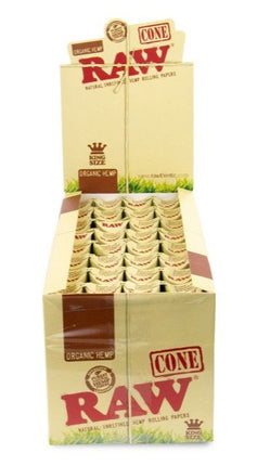 RAW organic hemp cone rolling papers display box with stacked cones, King Size