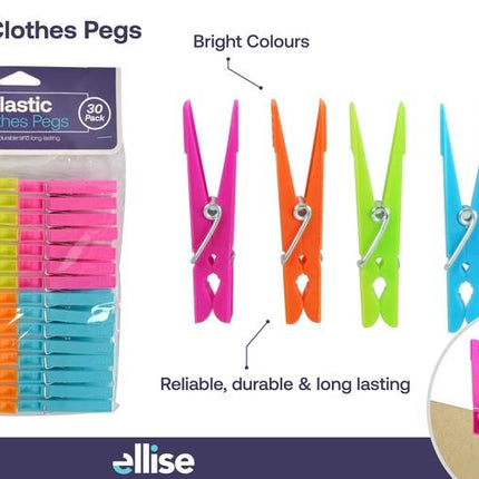 Bright plastic clothes pegs, 30-pack with pink, orange, green, and blue clips