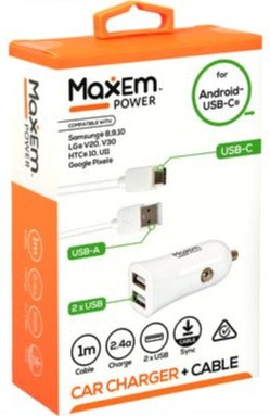 Dual USB car charger retail box with Type-C cable, 1m length shown