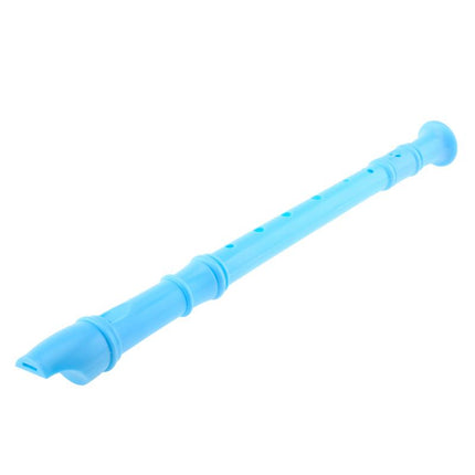 Blue plastic 8-hole toy recorder with finger holes and mouthpiece