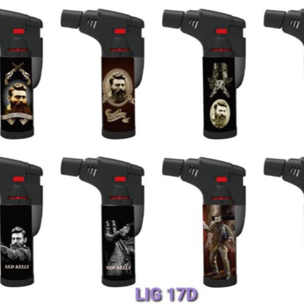 Jet lighter set: black lighters with red trigger and Ned Kelly character artwork, multiple views