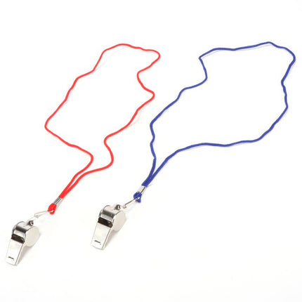Two whistles on cords: red and blue with metal keyring-style clips