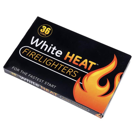 Angled black firelighter box showing White HEAT, 36 cubes badge, flame logo