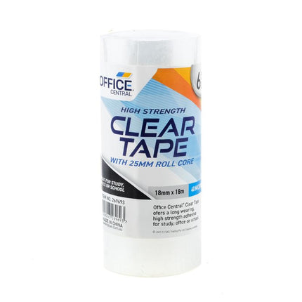 Clear tape 6-pack roll, Office Central, 18mm x 18m, see-through tape