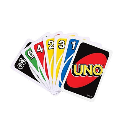 UNO playing cards fanned spread with red UNO logo card on top
