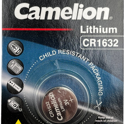 Camelion 3V lithium CR1632 child-resistant button cell battery in retail packaging