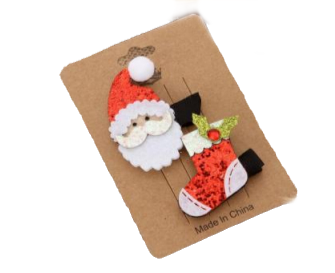 2-pack Christmas hair pins with Santa face and red boot designs on brown backing