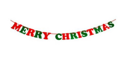 Merry Christmas banner with curved red letters on green edging