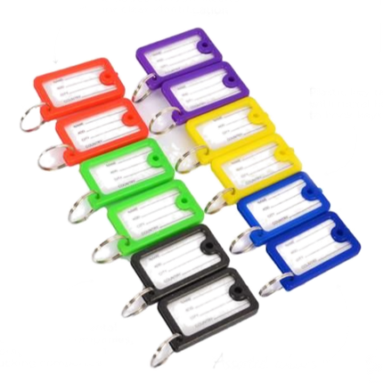 12-piece key holder set with colorful info card tags and metal key rings