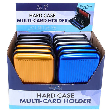 Aluminum multi-card holder in orange and blue hard cases displayed in retail packaging