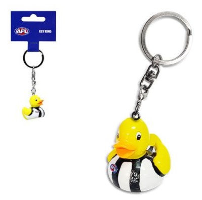 Metal key ring with yellow duck charm and AFL-themed badge