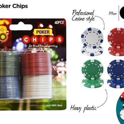 40-piece poker chip set blister pack with blue, red, and white chips and icons