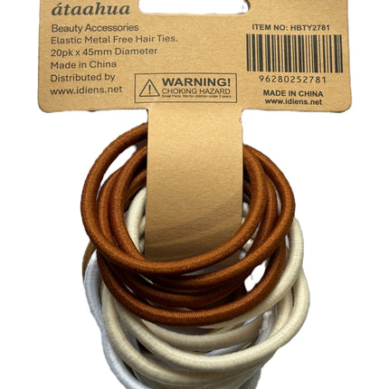 Assorted metal-free thick hair ties in brown and light tan on a back cardboard card.