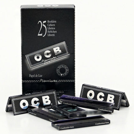 OCB Premium papers box with loose booklets and trays, black packaging and purple accents