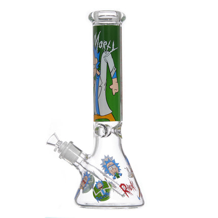Clear glass beaker water pipe with Rick 'n' Morty character wrap and green top section