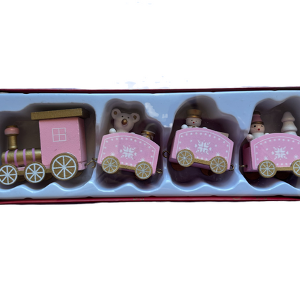Pink wooden Christmas train set in gift box, featuring four carriages with animal figures