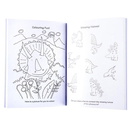 Open activity pad coloring pages with line-drawn dinosaurs and other missing-halves shapes