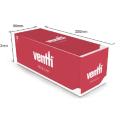 Ventti regular filter box with size markings and Ventti logo on red carton
