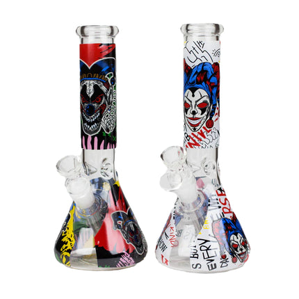Set of 2 clear glass water beakers with clown-zombie face graphics and bubble percolator accents