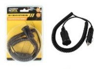 Coiled 12V extension lead with in-car plug, shown with retail packaging.