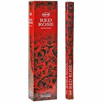Tall hexagonal Red Rose incense box with incense stick at the side