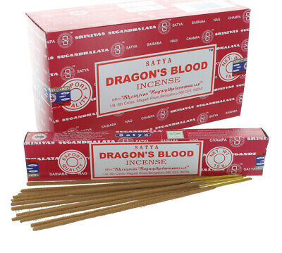 Incense rectangle box with Dragon's Blood label and incense sticks, red