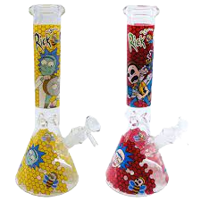 Pair of Rick and Morty water beaker bongs, one yellow print and one blue/red print