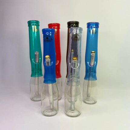 Assorted colored glass water pipes: teal, red, blue, and black