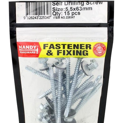 Self-drilling screws pack: 5.5 x 63mm steel screws in clear plastic bag