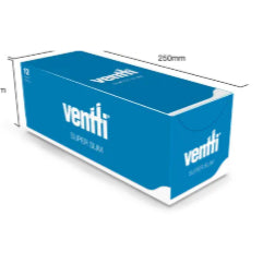 Blue Ventti super slim cigarette filter box, side view with measurement label