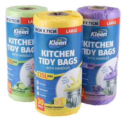 Scented kitchen bin liner roll packs with carry handles, in blue, yellow, and purple