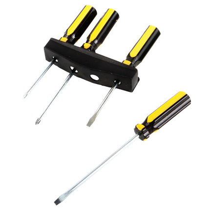 Screwdriver set with black plastic holder and four yellow-handled bits on stems