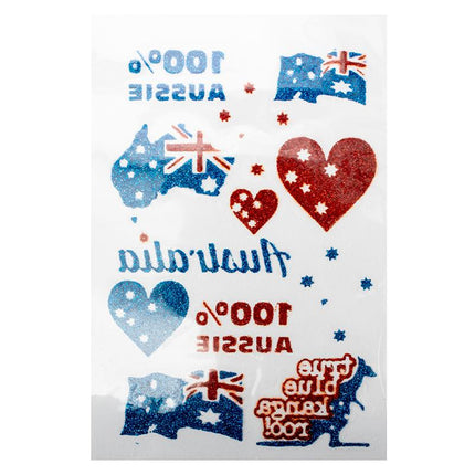 Temporary glitter tattoo sheet featuring blue Australia shapes and red hearts with sparkles
