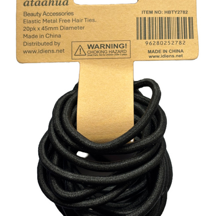 Thick black metal-free elastic hair ties, 20-pack, labeled cardboard backing