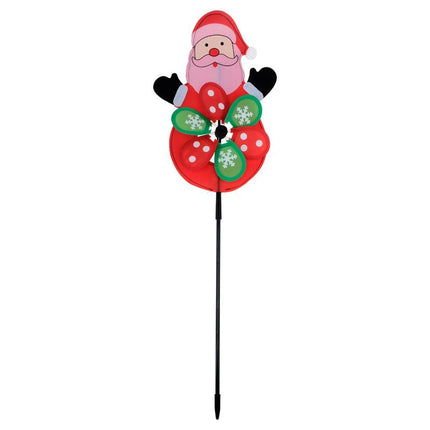 Santa windmill stake decoration with red suit, green holly shield, and pinwheel blades