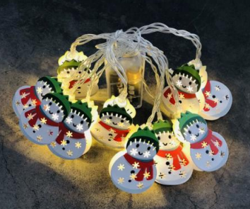 Snowman LED light string with round hanging snowman faces and multicolor accents