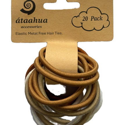 Assorted metal-free thick hair ties, brown and tan loops on a cardboard backing.