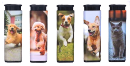 Set of five dog-printed jet lighters with black caps, display tray style