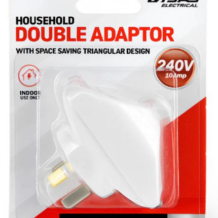 White double power adaptor with triangular space-saving design and two sockets