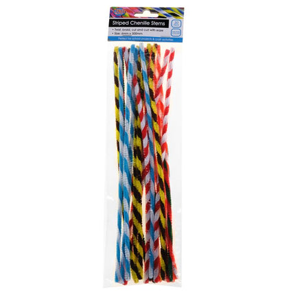 Striped chenille craft stems in assorted colors, multipack on retail card