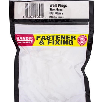 6mm wall plugs in retail bag, 60-piece set of white plugs
